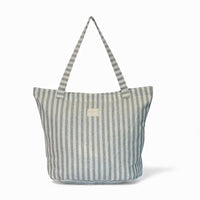 DE LA MUR gray and gold striped large zippered tote bag, front view
