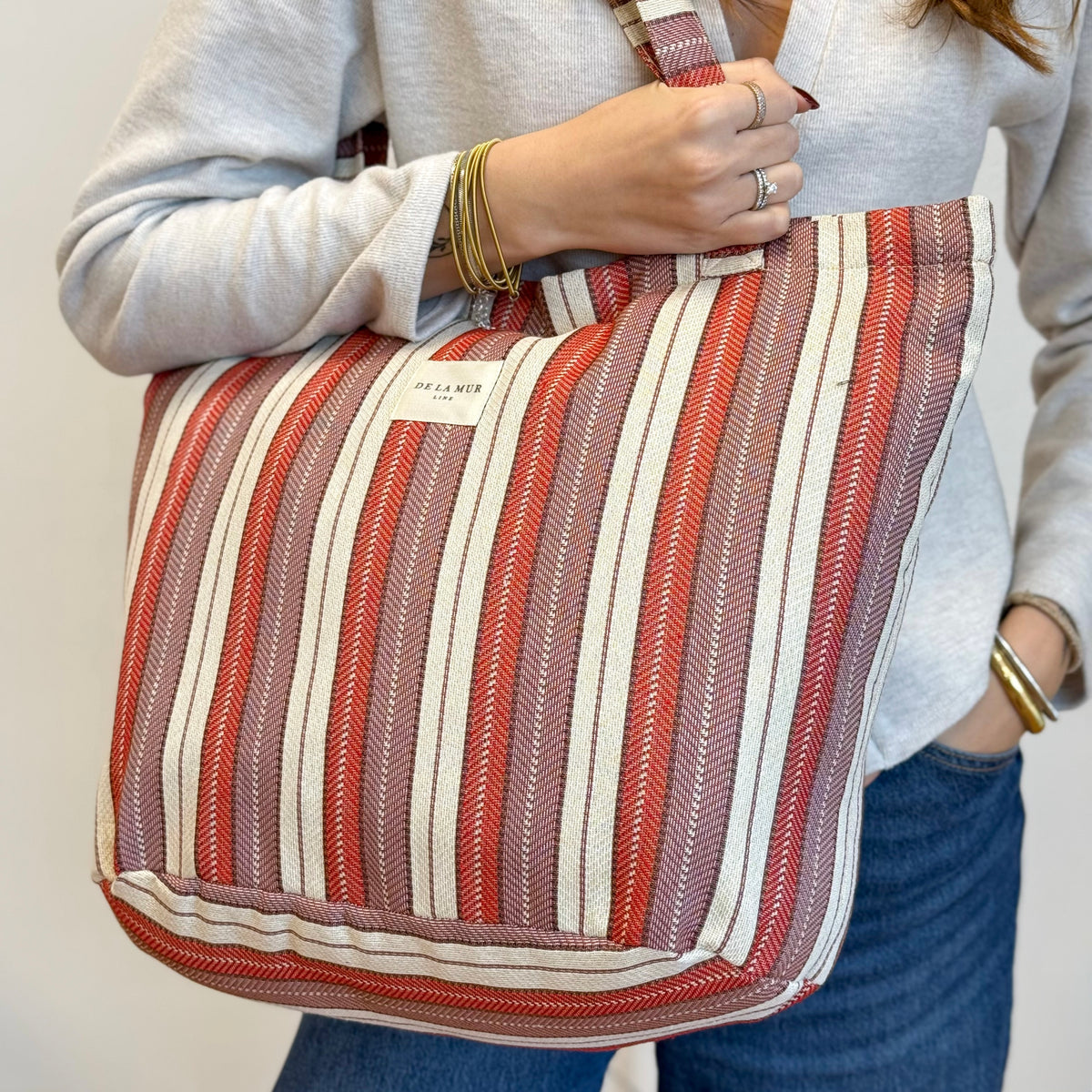 Striped Jacquard Large Zippered Bag – Burgundy & Cream (Make)