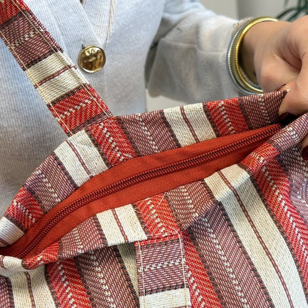 Striped Jacquard Large Zippered Bag – Burgundy & Cream (Make)