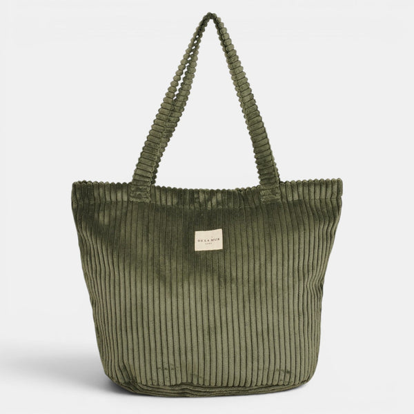 DE LA MUR Musgo corduroy large zippered bag in olive green, front view