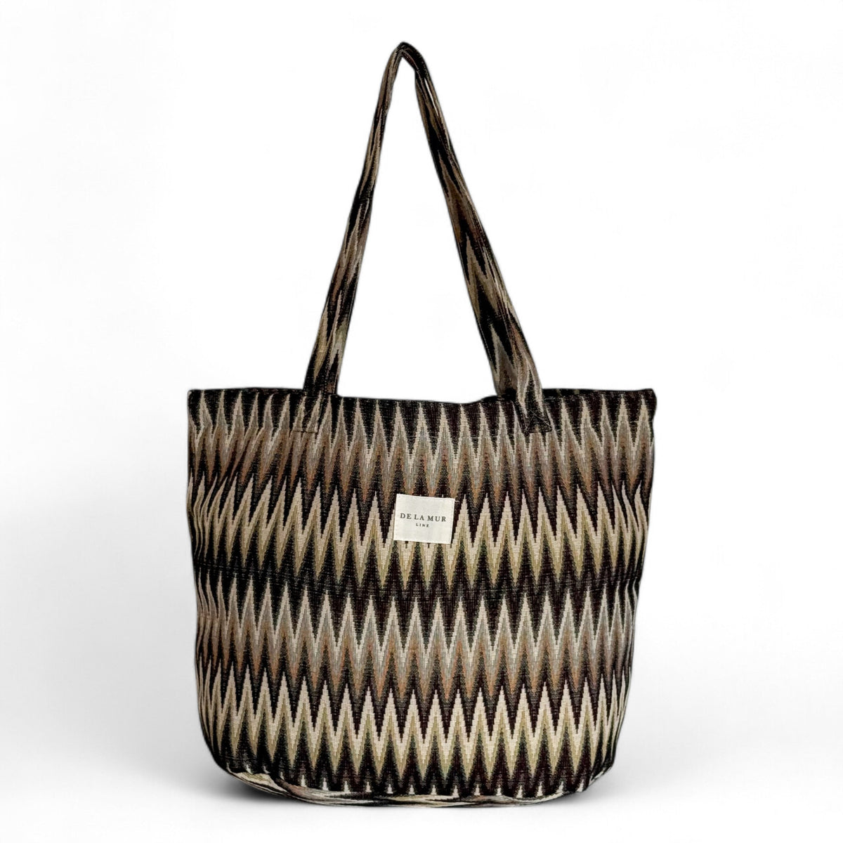 DE LA MUR Skan zigzag jacquard tote bag in brown and beige, front view