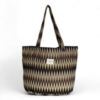 DE LA MUR Skan zigzag jacquard tote bag in brown and beige, front view