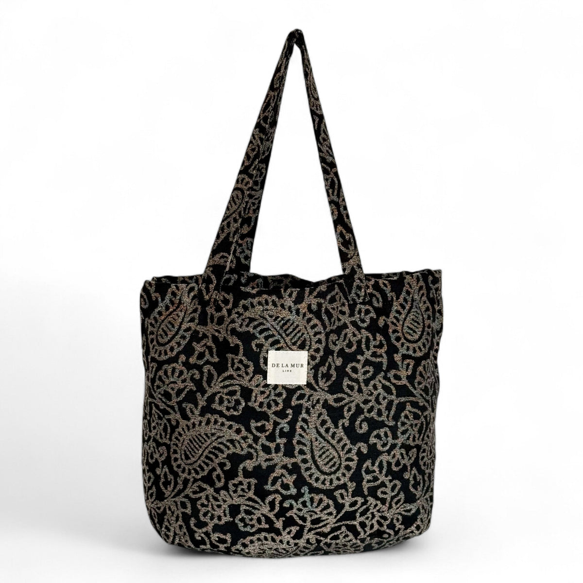 DE LA MUR Teide floral paisley jacquard tote bag in gray and black, front view