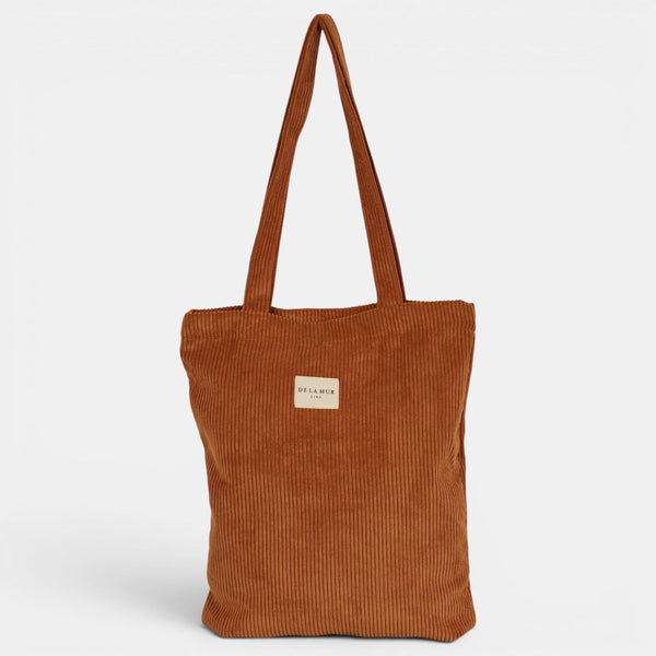 DE LA MUR Corduroy Medium Zippered Bag in terracotta, front view with logo label