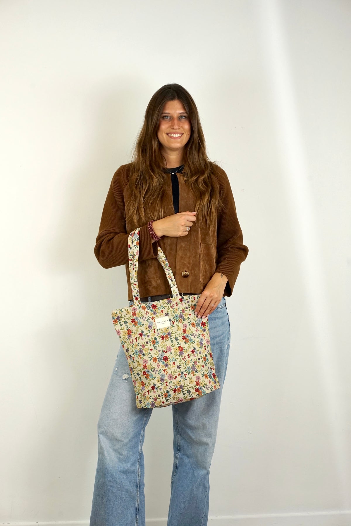 DE LA MUR Blum floral jacquard medium zippered tote bag, lifestyle shot