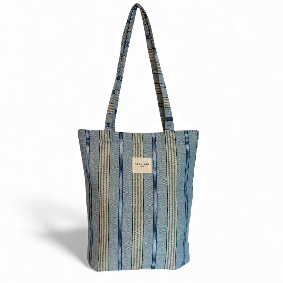 DE LA MUR striped jacquard zippered bag in blue and green, front view
