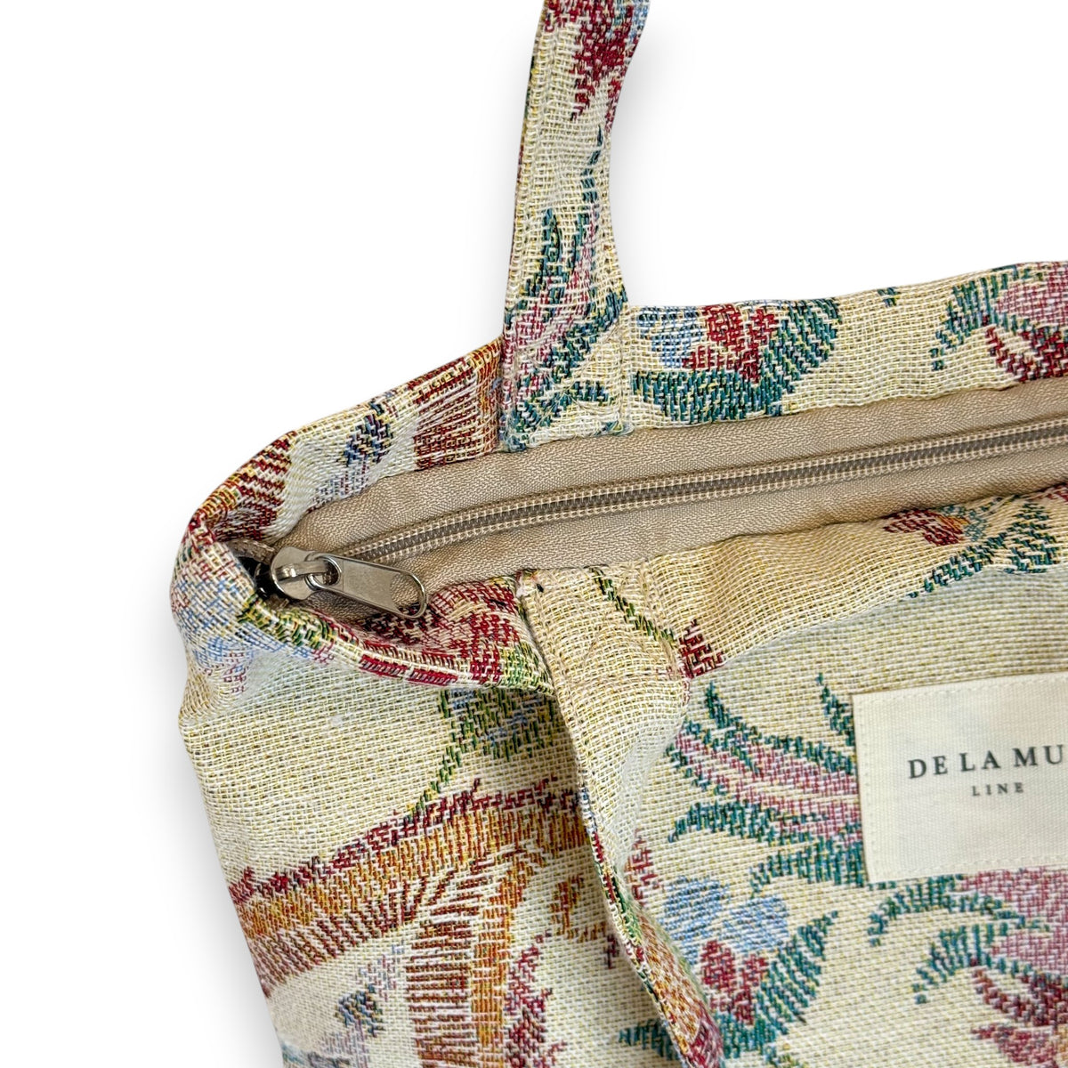 Model carrying the DE LA MUR multicolor floral bag, feature highlights