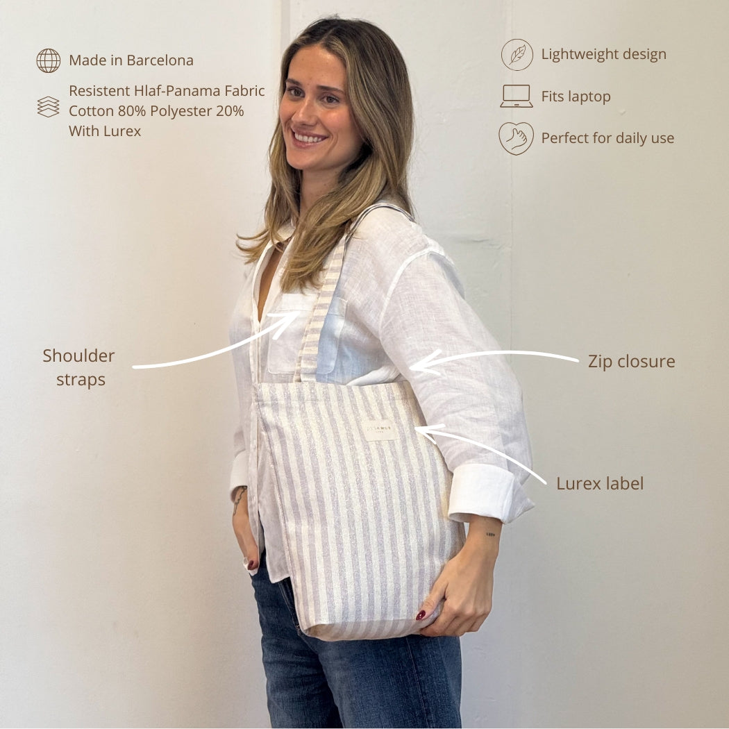 Model wearing the DE LA MUR Lulil lilac striped bag with feature callouts