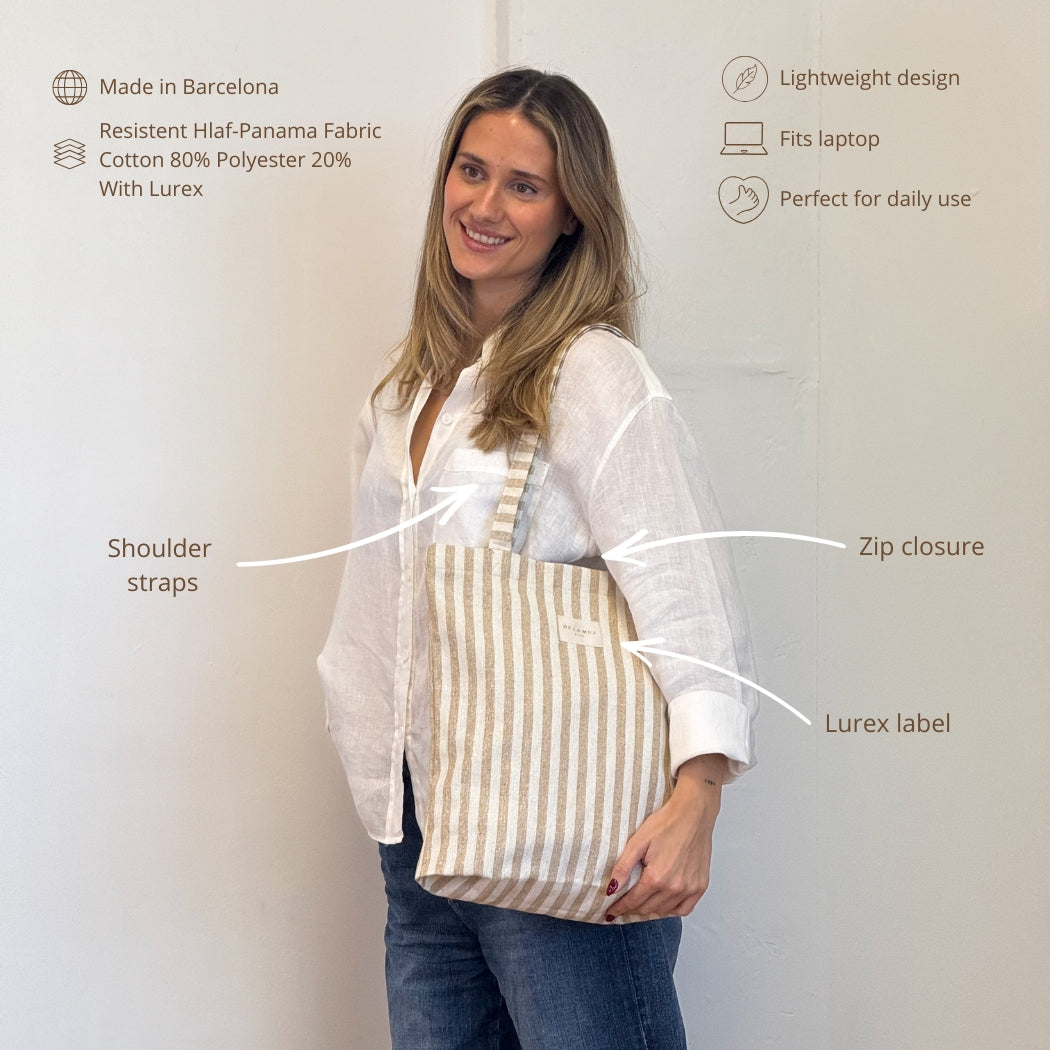 Model wearing the DE LA MUR Lumos mustard striped bag with feature callouts