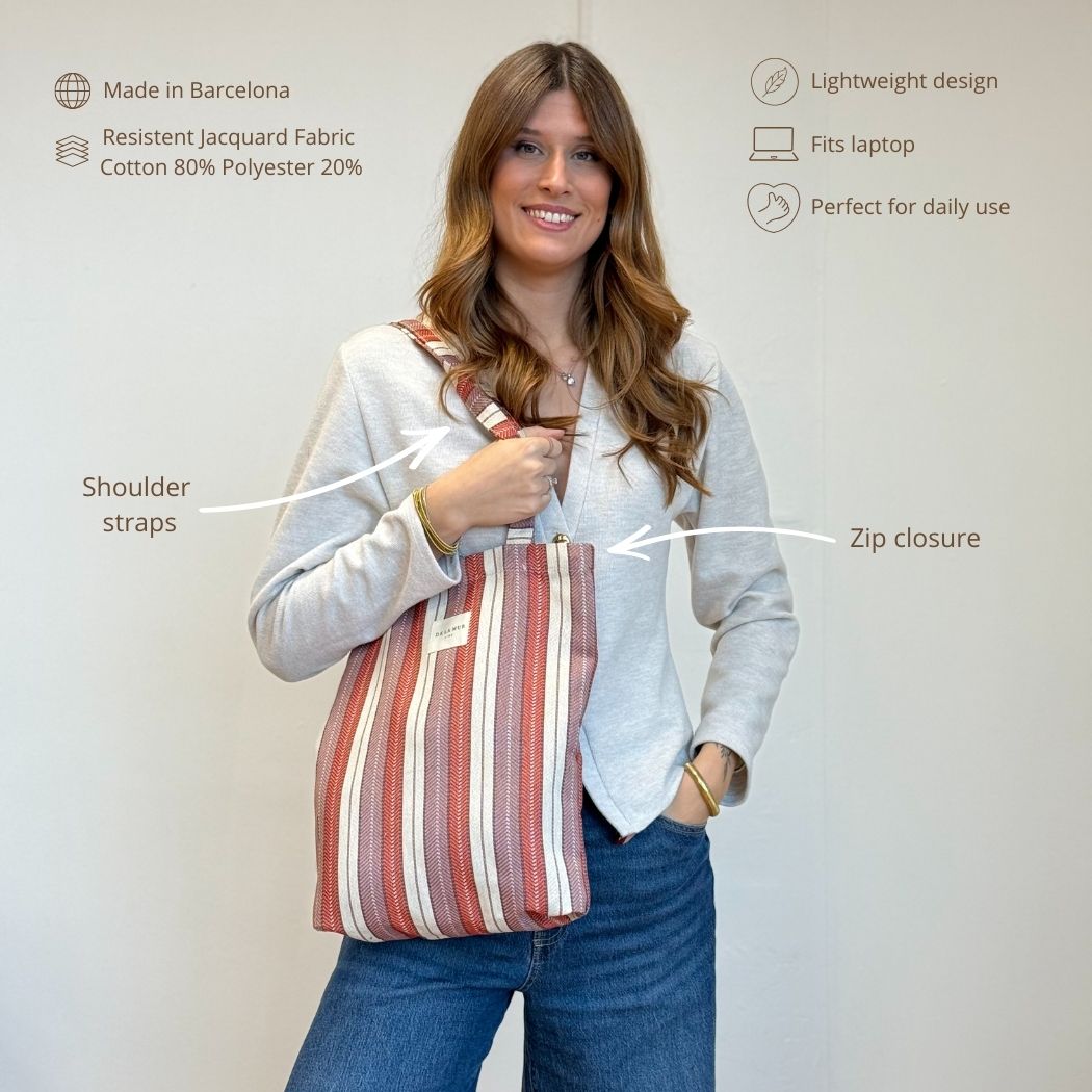 Model wearing the DE LA MUR Make striped jacquard bag with feature callouts