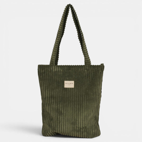 DE LA MUR Musgo olive green corduroy bag, front view with brand label