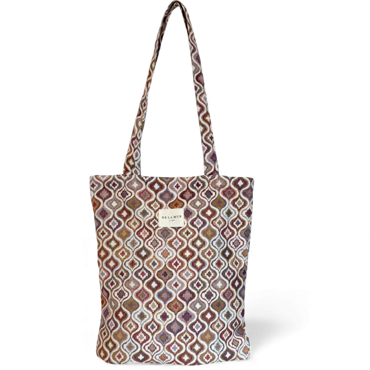 DE LA MUR Onda geometric ogee jacquard zippered bag in warm multicolor, front view