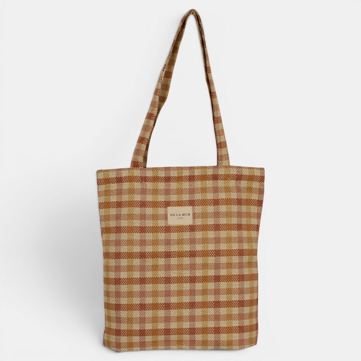 DE LA MUR Zia terracotta gingham jacquard bag, front view with brand label
