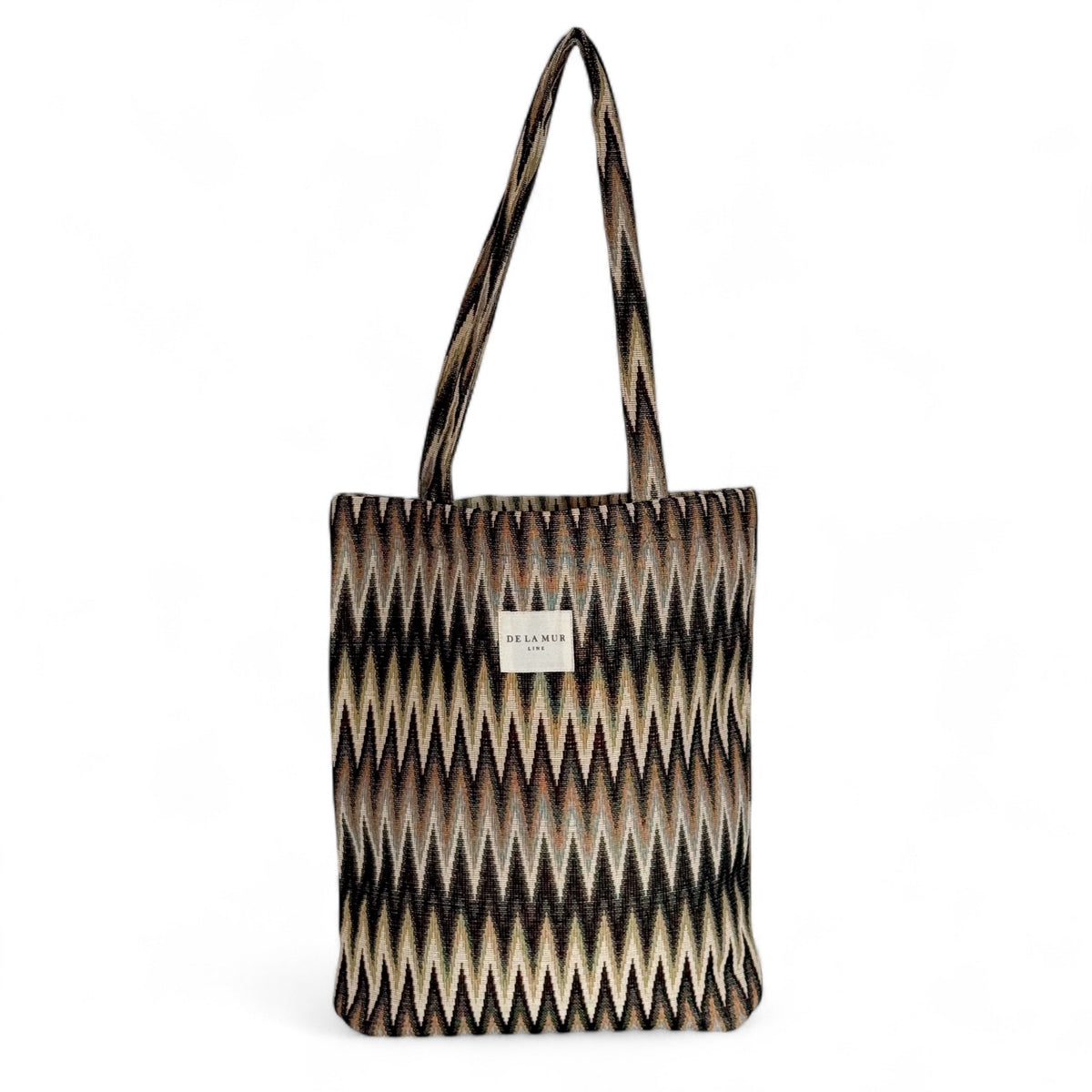 DE LA MUR Skan medium tote bag in brown and beige chevron jacquard, front view