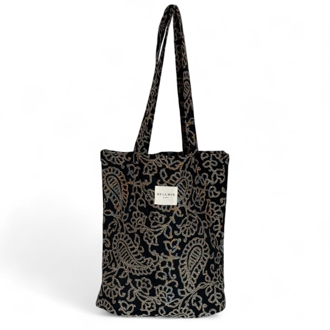 DE LA MUR Teide medium tote bag in gray and black paisley jacquard, front view
