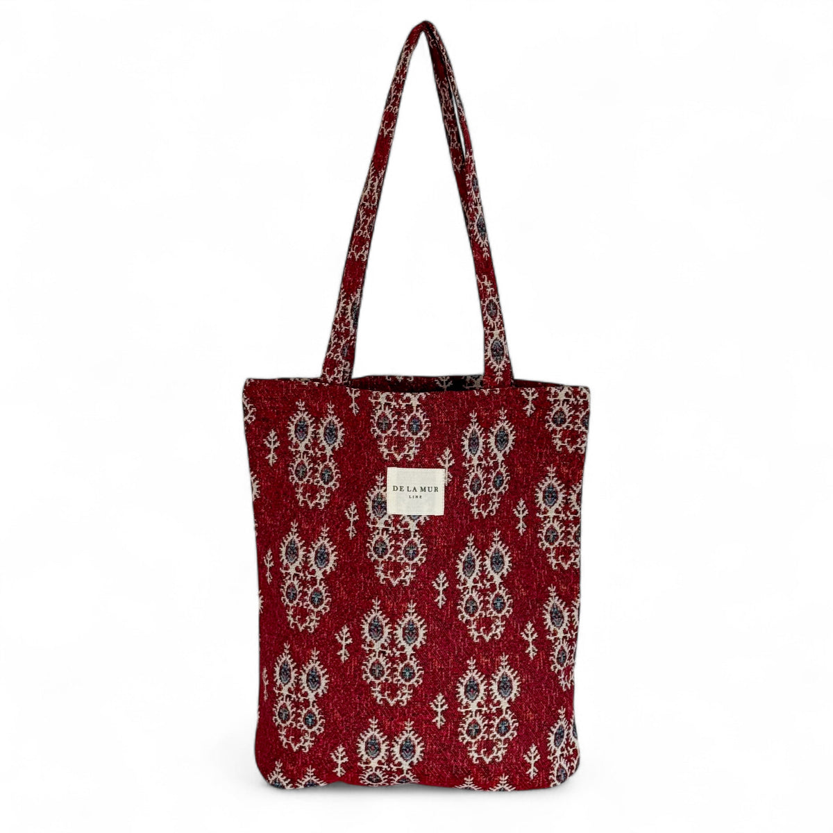 DE LA MUR Tinta geometric jacquard tote bag in red, front view