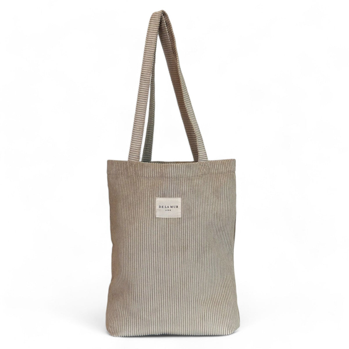 DE LA MUR beige corduroy medium tote bag with long handles, front view