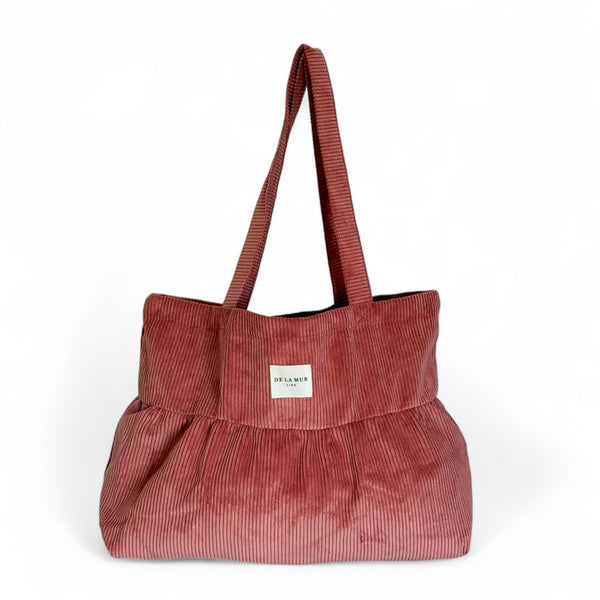 DE LA MUR Coral corduroy ruffle tote bag in dusty pink, front view