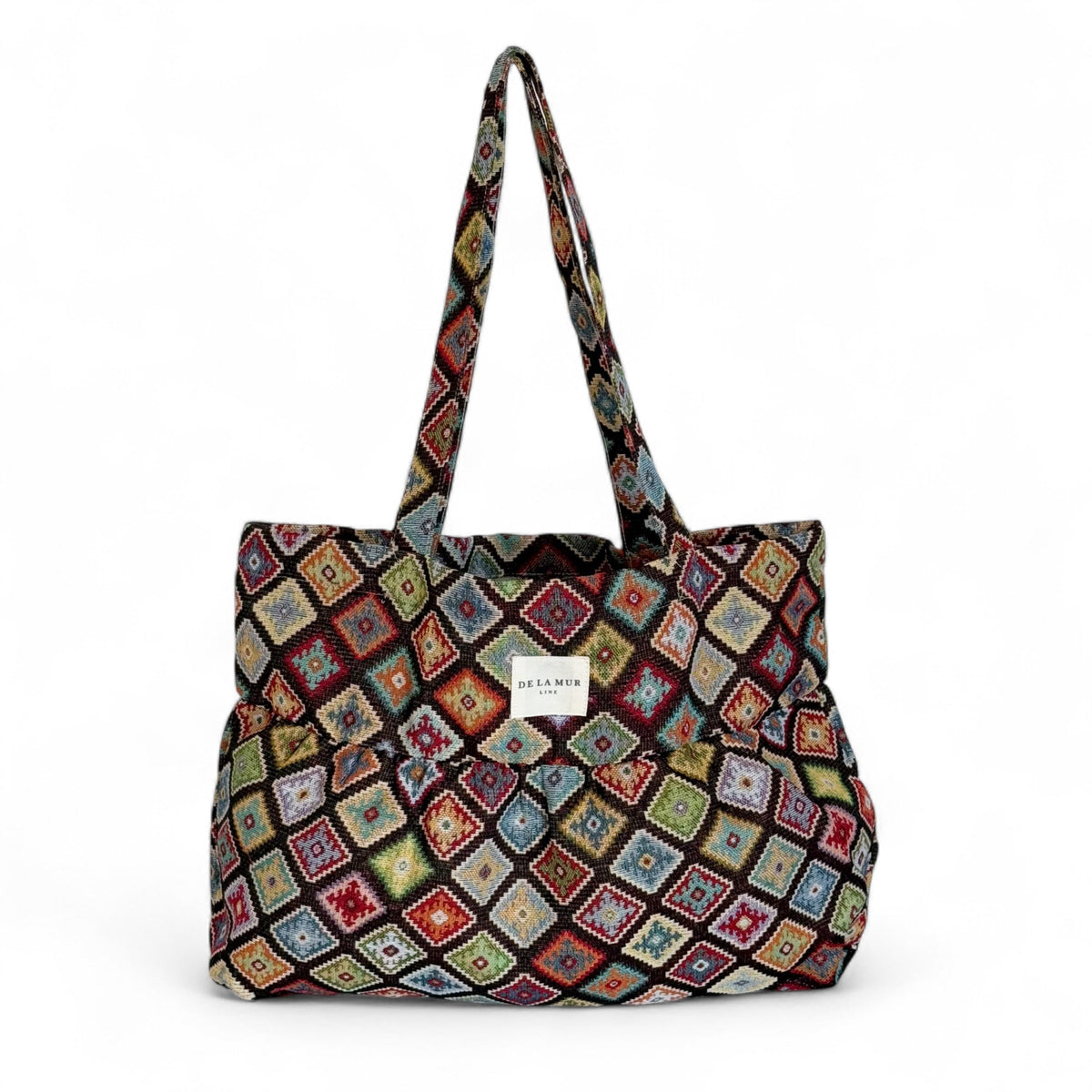 DE LA MUR multicolor diamond jacquard ruffle tote bag, front view