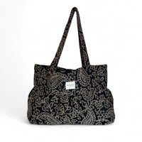 DE LA MUR Teide floral jacquard ruffle tote bag in gray and black, front view
