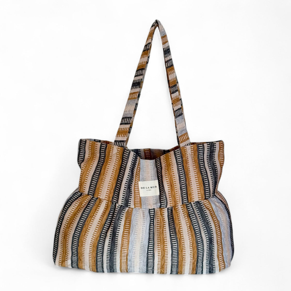 DE LA MUR Tron jacquard ruffle tote bag in multicolor stripes, front view