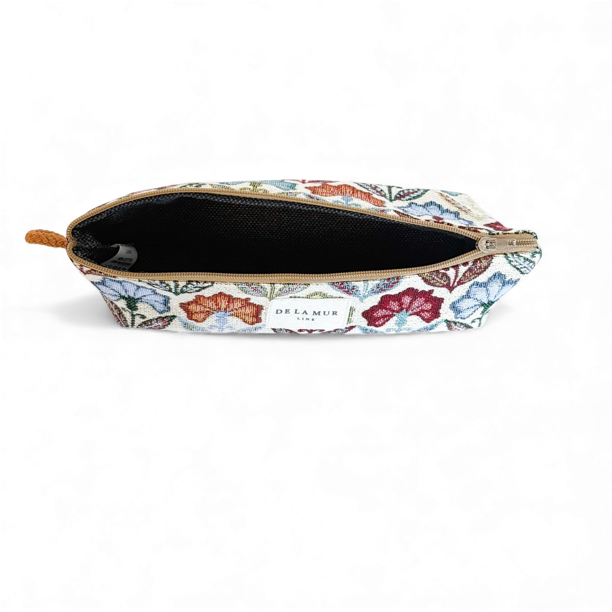 Open DE LA MUR Flora pencil case showing the lined interior