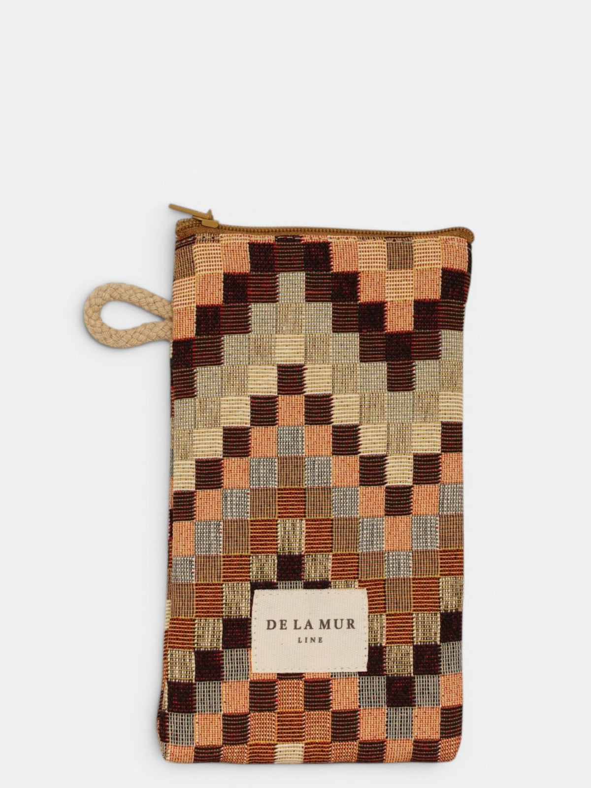 DE LA MUR Zigzag Jacquard glasses case in brown and beige, front view with braided wristlet