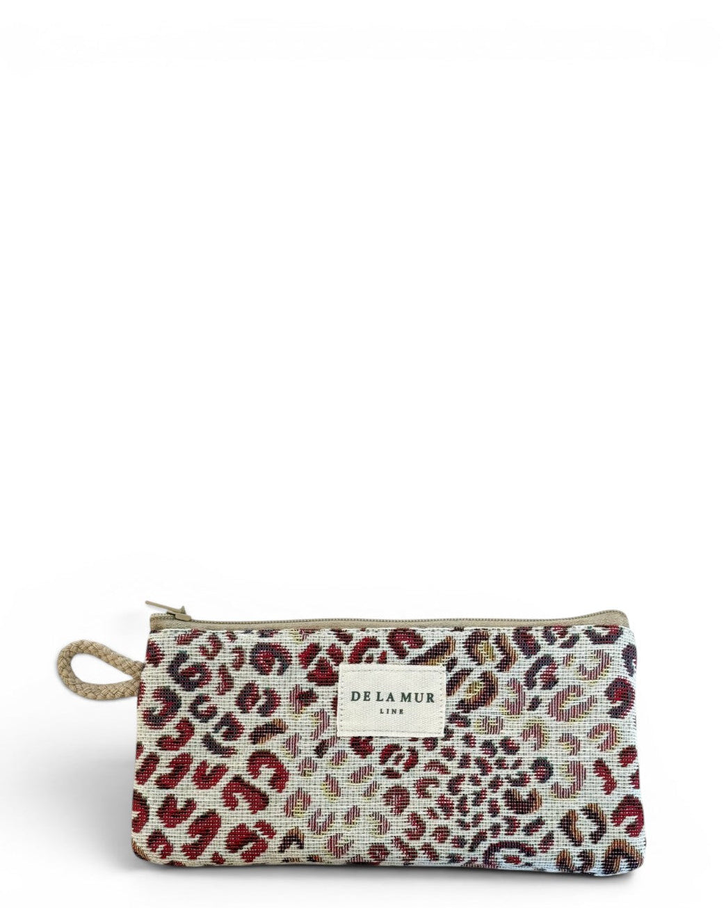 DE LA MUR Talco leopard print jacquard glasses case, front view with side strap