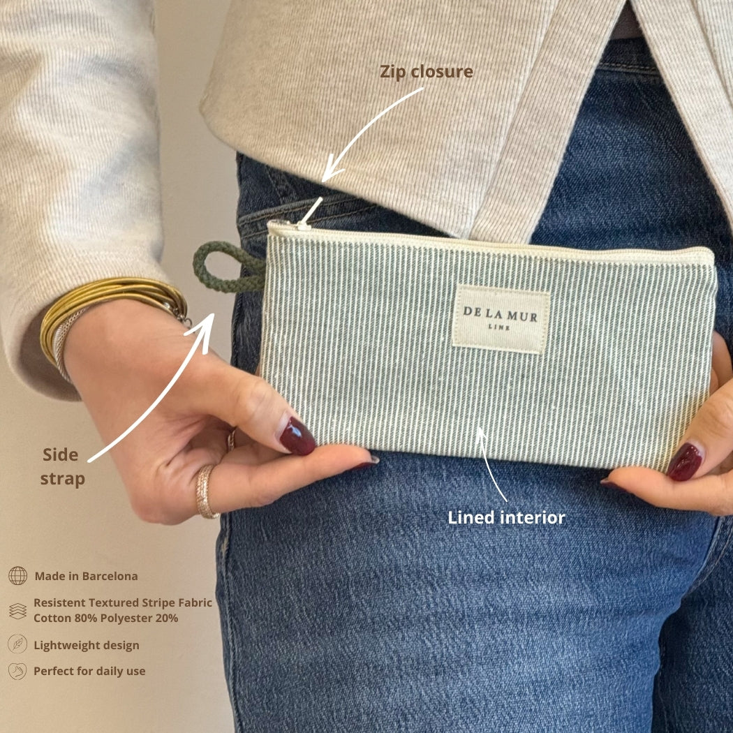 Model holding the DE LA MUR Teo striped eyewear case, features infographic