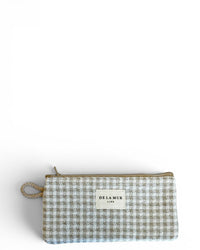 DE LA MUR Vison gingham jacquard eyewear case in beige and off-white, front view
