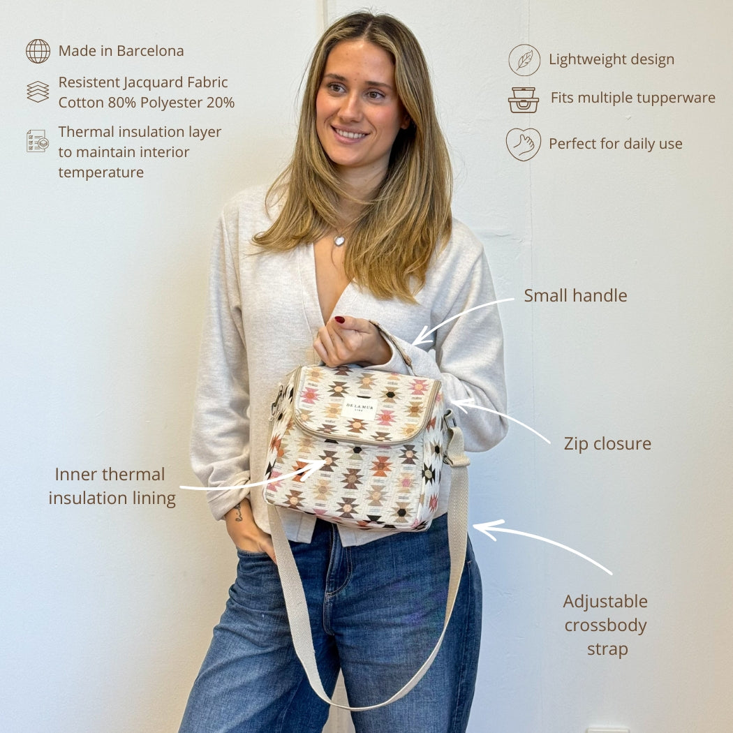 Model wearing the DE LA MUR Royal insulated lunch bag crossbody with feature labels