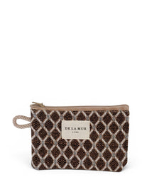 DE LA MUR geometric jacquard coin purse in beige and brown, front view