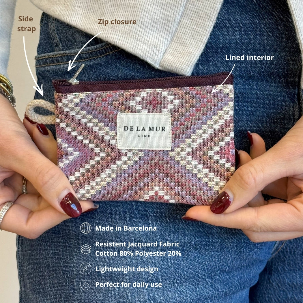 Model holding the DE LA MUR Nana diamond jacquard coin purse with feature callouts