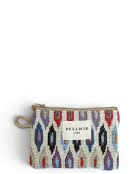DE LA MUR Urban geometric jacquard coin purse in beige and pink, front view