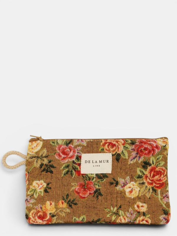 DE LA MUR floral jacquard coin purse in mustard with roses, front view with Line label