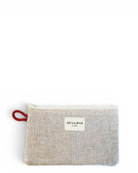 DE LA MUR Ibi striped makeup bag in soft stripe with red strap, front view