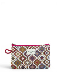 DE LA MUR Onda jacquard makeup bag in pink and lilac with pink zip, front view