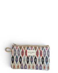 DE LA MUR Urban geometric jacquard makeup bag in beige and pink, front view