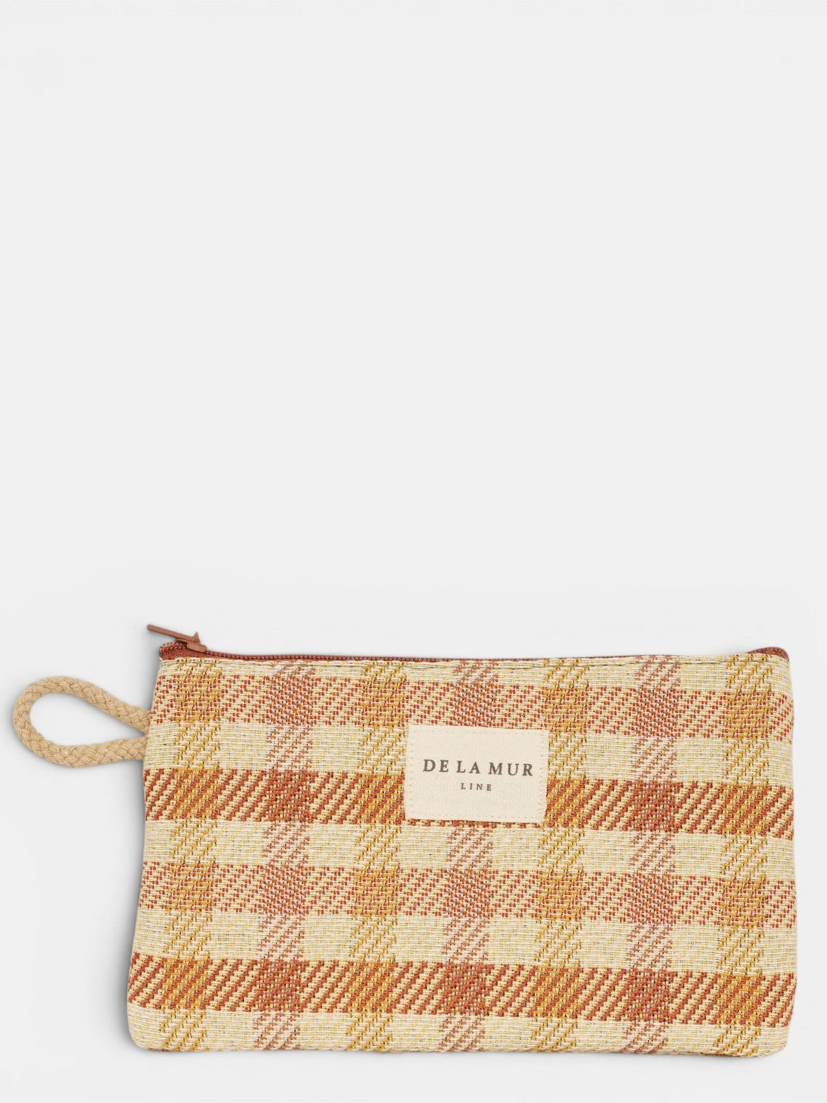 DE LA MUR gingham jacquard coin purse in terracotta and orange check, front view with label