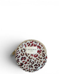 DE LA MUR leopard print jacquard round coin purse in red and tan, front view