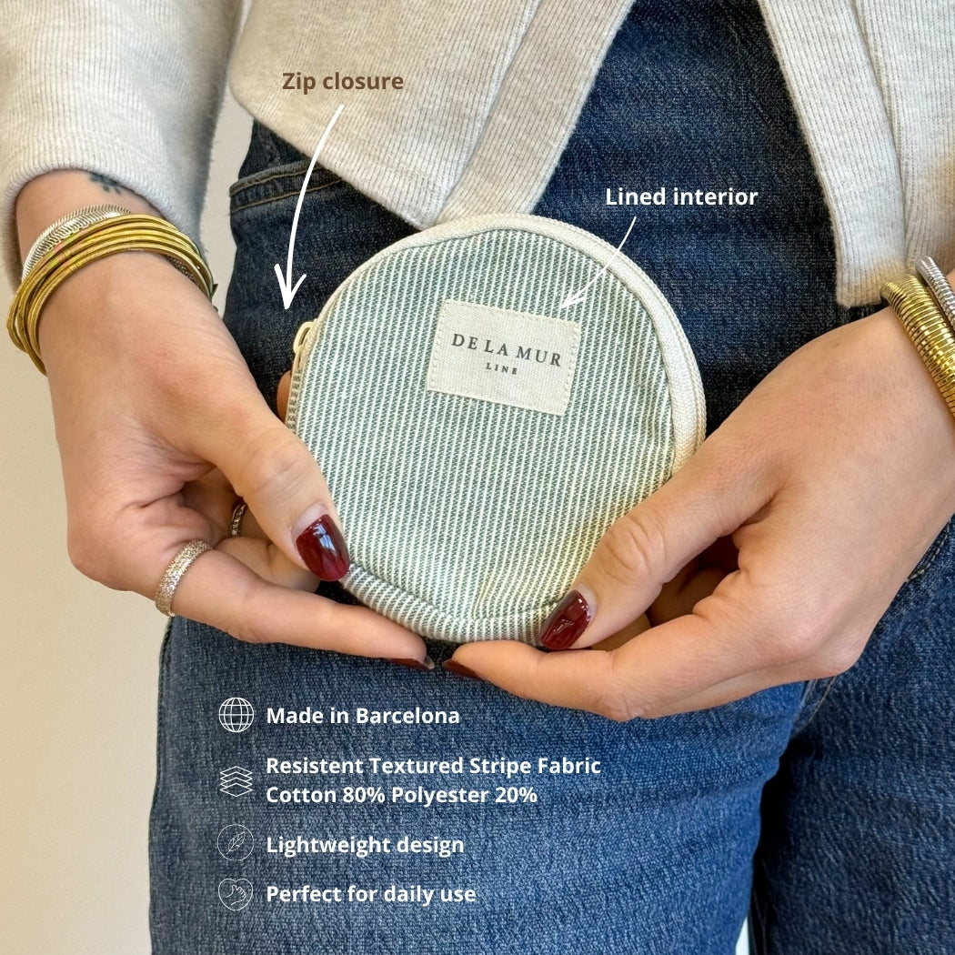 Model holding the DE LA MUR striped coin purse, features and fabric infographic