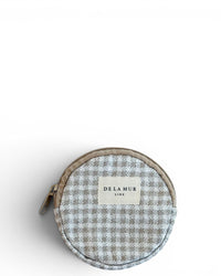 DE LA MUR gingham jacquard round coin purse in beige and off-white, front view