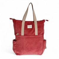 DE LA MUR coral corduroy convertible backpack tote bag with beige straps, front view