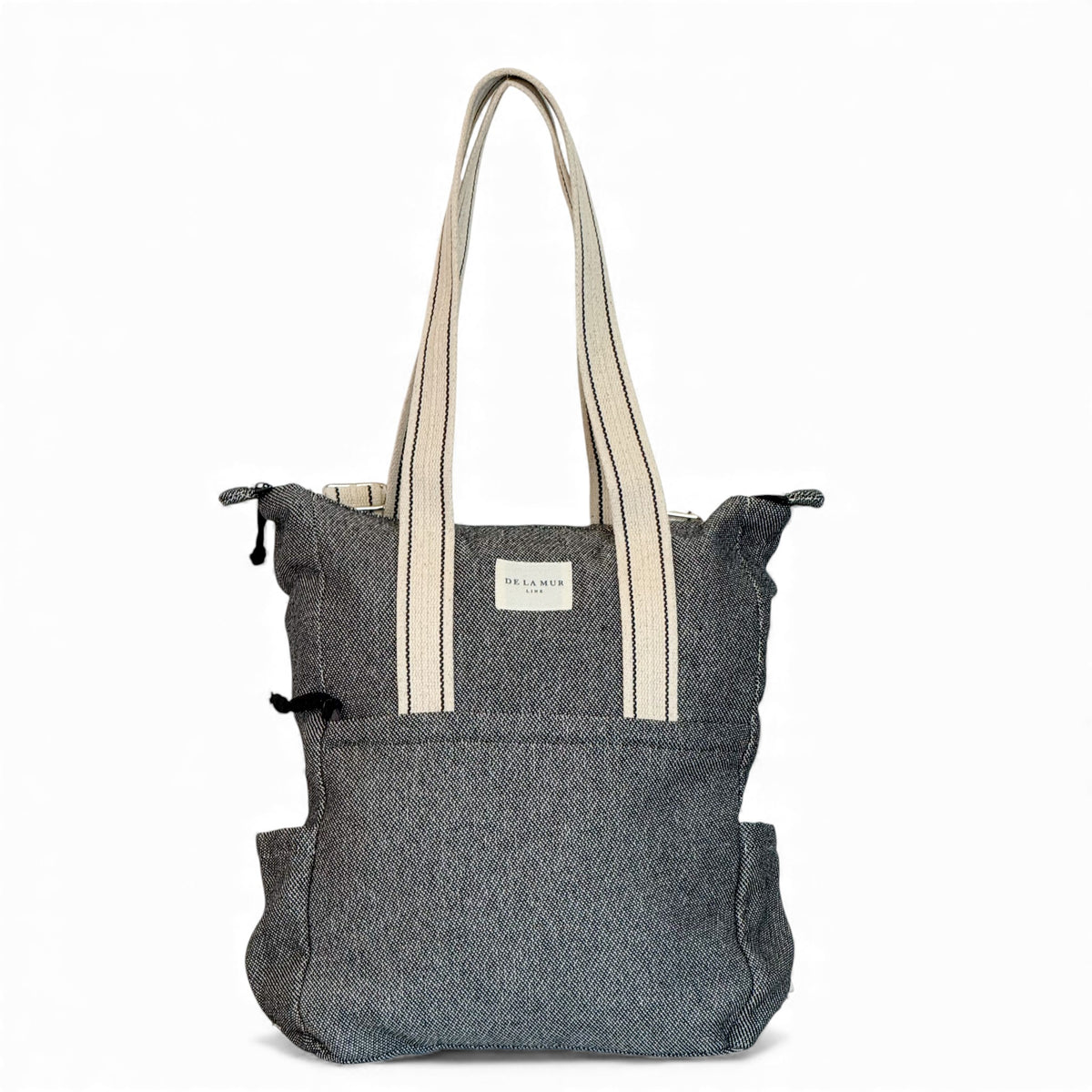 DE LA MUR herringbone convertible backpack tote in black and gray, front view