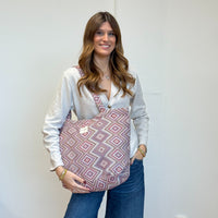 Geometric Jacquard Large Zippered Tote Bag – Pink & Lilac (Nana)
