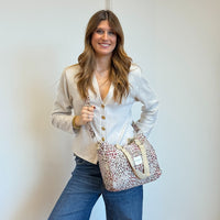 Model with the DE LA MUR Leopard Jacquard City Handbag – Burgundy & Cream (Talco)