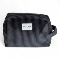 DE LA MUR Boni charcoal gray corduroy squared makeup bag, front view with side handle