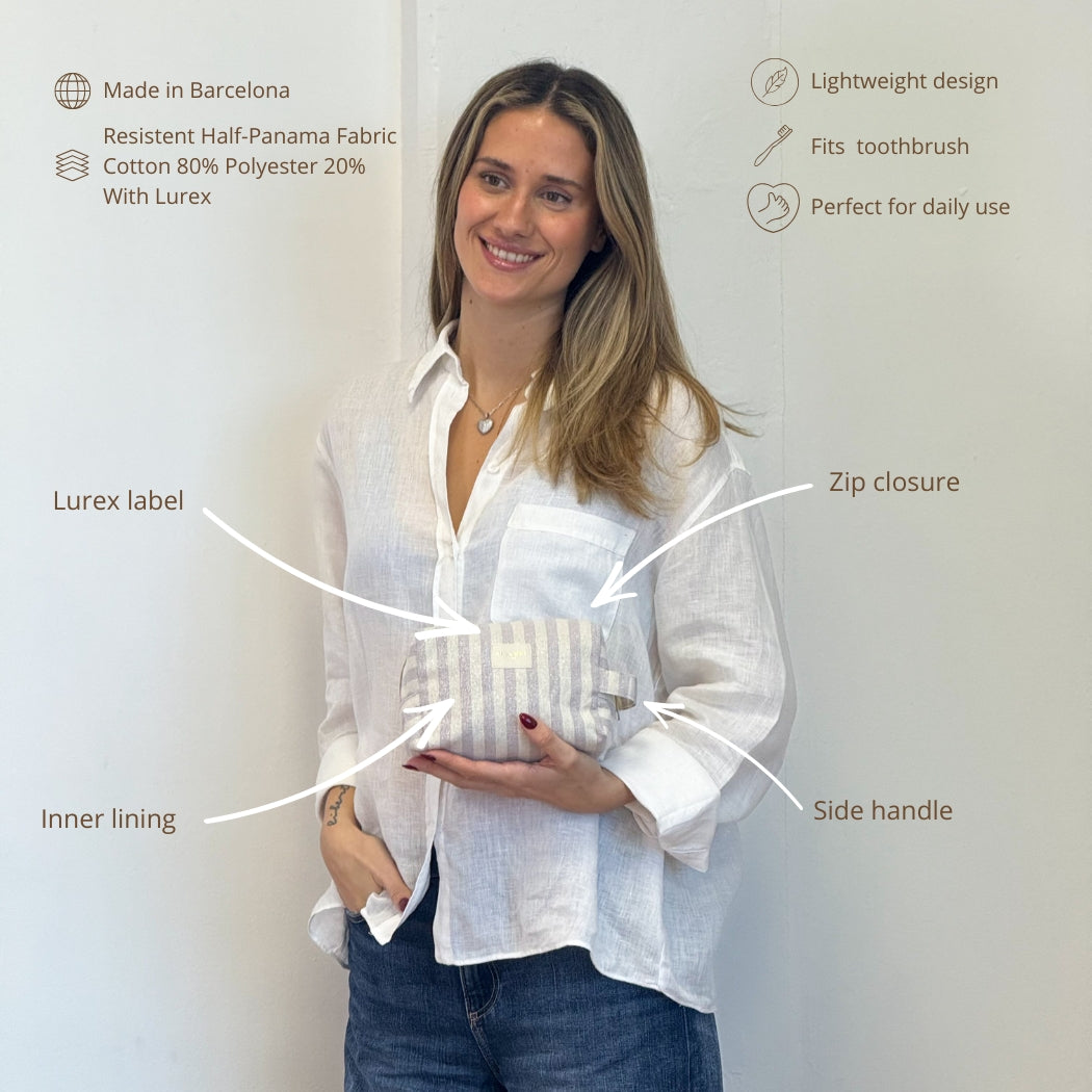 Model holding DE LA MUR Lulil makeup bag with features and fabric infographic