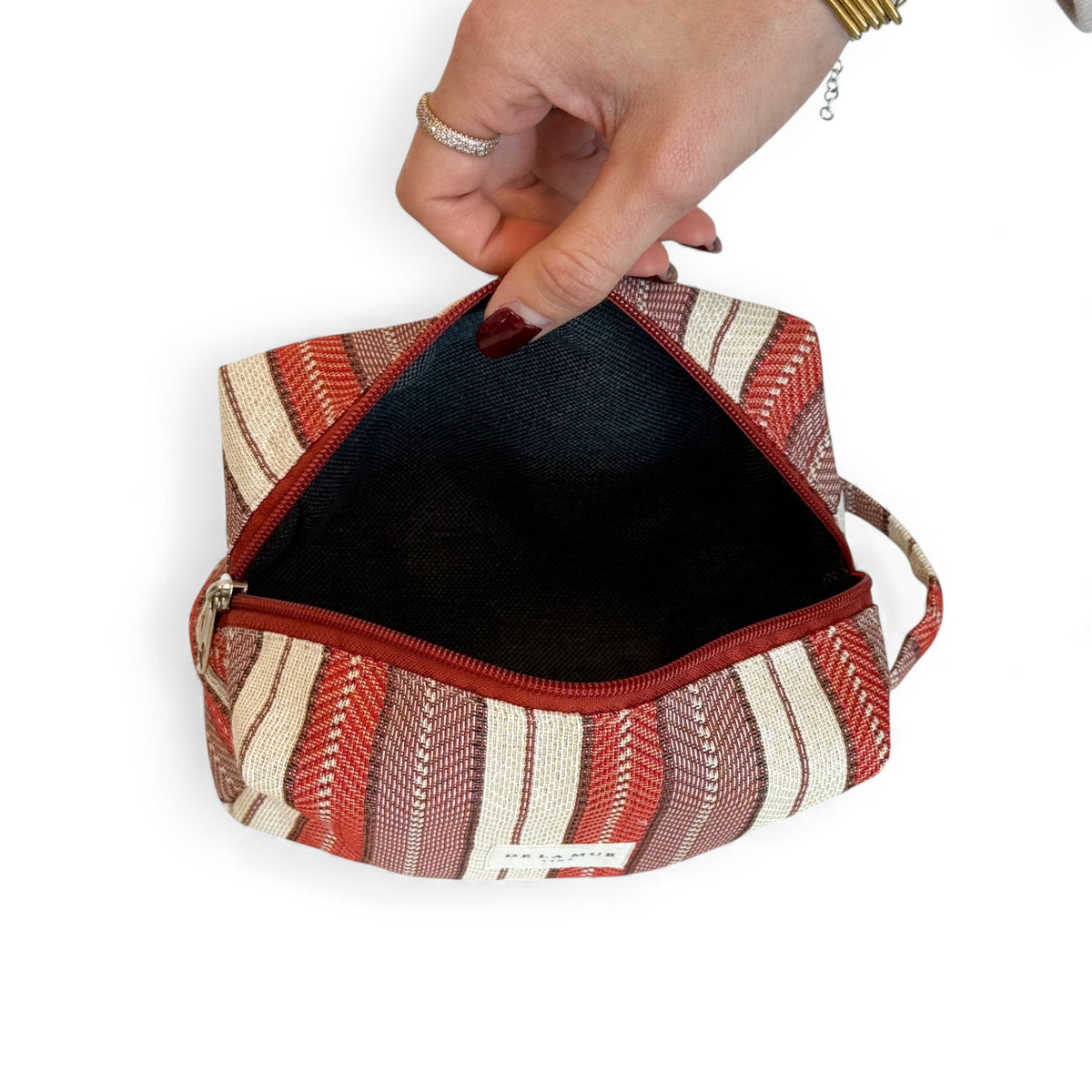 Striped Jacquard Squared Makeup Bag - Burgundy & Lilac (Make)