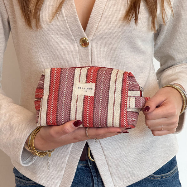 Striped Jacquard Squared Makeup Bag – Burgundy & Cream (Make)